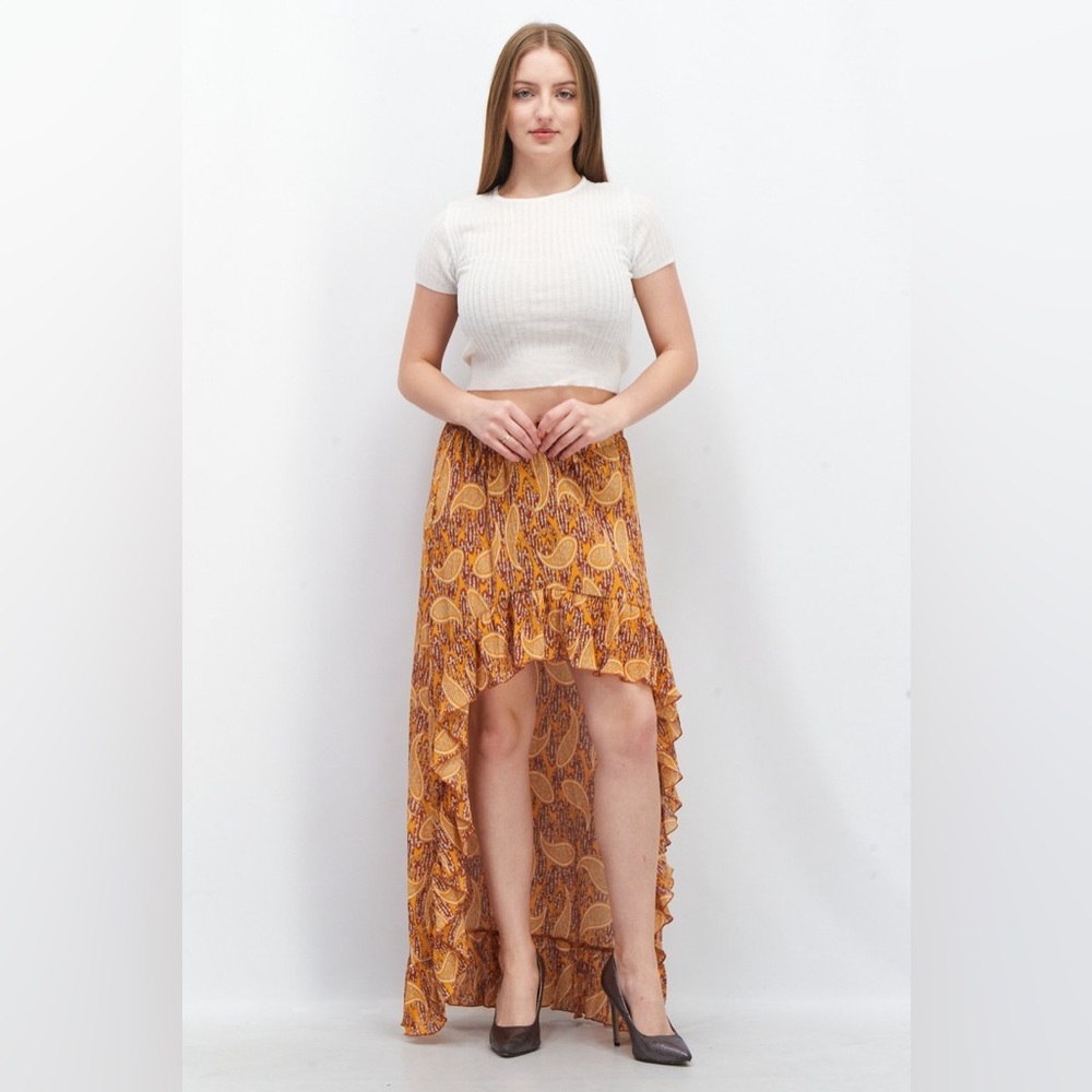 Muche & Muchette Women Floral Pattern Asymmetric Hem Midi Skirt, Orange Combo